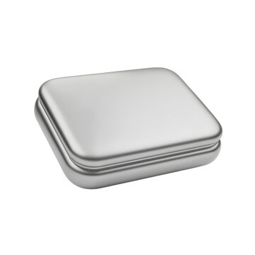 Silver metal tin box with a lid. Square container for storage or packaging, isolated on a  transparent background.