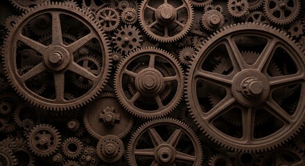 Intricate arrangement of rusty vintage gears creating a captivating industrial texture and showcasing mechanical complexity with aged metal details and interlocking cogs