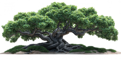 Majestic ancient bonsai tree with gnarled trunk and lush green foliage showcasing intricate natural artistry isolated on transparent background
