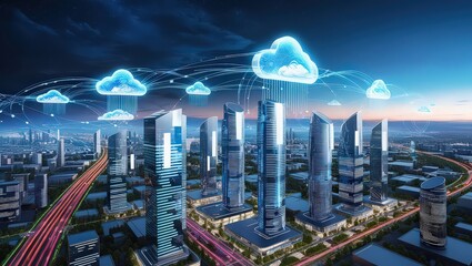 Aerial view of modern city skyline with cloud computing network and highway at twilight hour