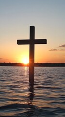 Sunset Silhouette Cross in Water Peaceful Spiritual Scene