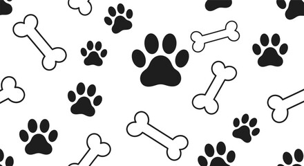 Vector art of seamless pattern with dog paw prints and bones isolated on white background