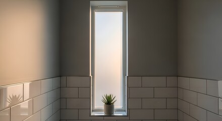 A narrow window with frosted glass and plant letting in morning light, centered on bathroom wall