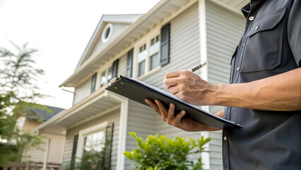 Home inspector with clipboard inspecting a house for real estate purposes