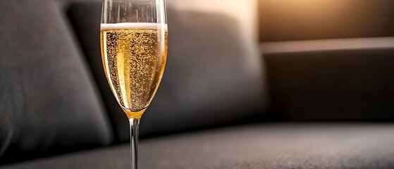 Closeup Sparkling Champagne Glass on Sofa, Festive Celebration Drink Image