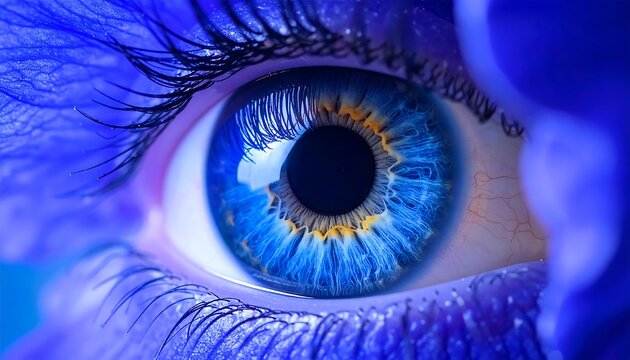 Close-up of vibrant blue eye surrounded by petals - Powered by Adobe