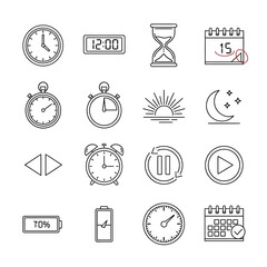 The image showcases a comprehensive collection of modern line icons representing various time-related concepts, media controls, and battery status for digital interfaces.