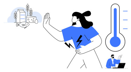 Woman raising hand to avoid allergens with food items thumbs up milk, fish, and cheese, thermometer signifying allergy severity, man working on laptop. Ideal for health, allergy care, symptoms