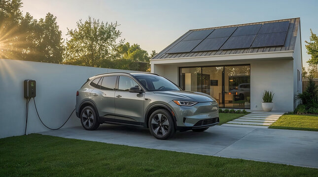 A modern, light-colored electric SUV is parked in a driveway and charging from a wall-mounted station. The house features solar panels on the roof and large windows.