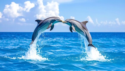 Two dolphins leap in the ocean