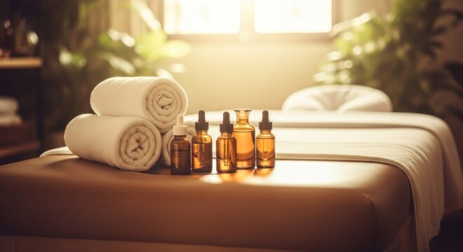 Spa bed with rolled towels and aroma therapy oils under warm sunlight
