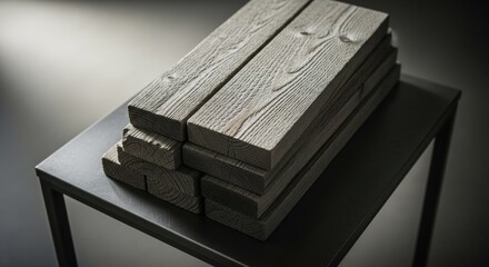 Stack of wooden planks on dark table, washed texture, top light