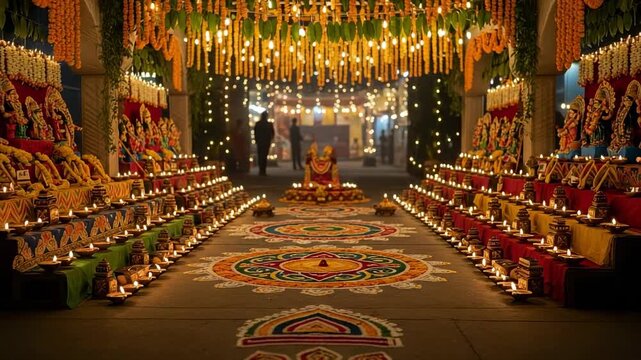 Grand celebration with rows of lit diyas and Hindu goddess idols. Festive decorations with rangoli and marigold garlands for a traditional Indian festival.