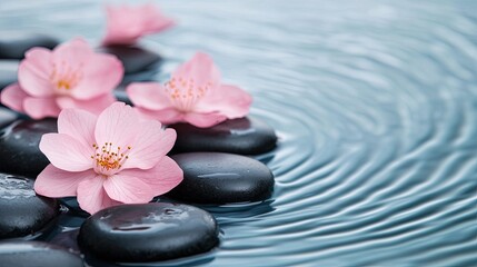 Dew kissed pink petals concept, Tranquil Scene with Pink Flowers and Black Stones on Water Surface