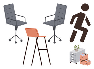 Office chairs, stool, walking figure, storage drawers with files and plant. Ideal for workplace, organization, management, productivity planning teamwork efficiency. Simple flat metaphor