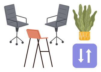 Two office chairs, a minimalist stool, and a decorative plant pot alongside an up and down arrows icon. Ideal for office setup, teamwork, collaboration, communication, interior design, productivity