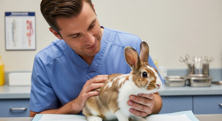 Veterinarian examining a brown and white rabbit on a medical examination table in a clinic setting