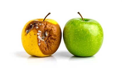Juxtaposition of decay: A moldy yellow apple beside a vibrant green apple on white