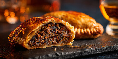 Forfar bridie scottish food on dark background