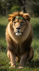 Fototapeta premium Majestic lion with a leafy crown sits in the grass.