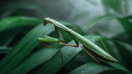 Close-up of a vibrant green mantis on dewy leaves