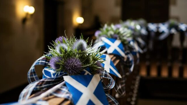 Scottish flags and thistles decorating a banister. Patriotic decor with tartan ribbons and Saltire flags for a national celebration or wedding.