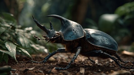Dark beetle, large horns, jungle ground