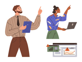 Two professionals collaborating, analyzing an alert on performance dashboards. Ideal for teamwork, analytics, problem-solving, communication, data management, workplace dynamics, strategic planning