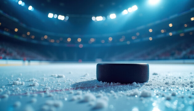 Hockey puck on ice rink ready for action during a competitive game in a vibrant arena filled with eager fans