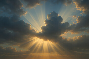 A photograph of the sky with rays of sun breaking through the clouds.