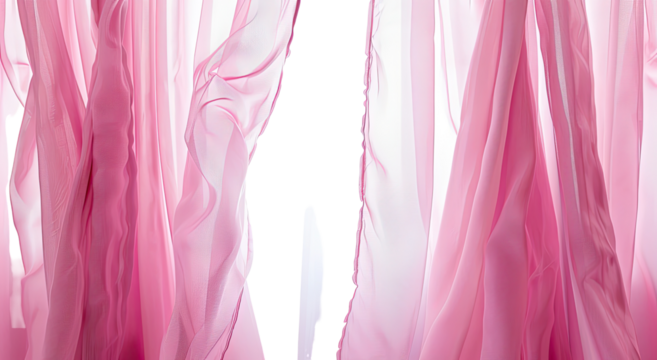 Silhouette of a person seen through sheer pink curtains