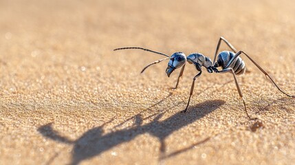Close-up of a desert ant on light beige sand