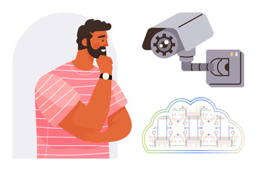 Man in striped shirt thinking near a modern surveillance camera and cloud network representation. Ideal for security, privacy, AI, smart tech, data monitoring, decision-making, system integration