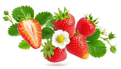 Fresh Strawberries with Leaves and Blossoms Isolated on White Background