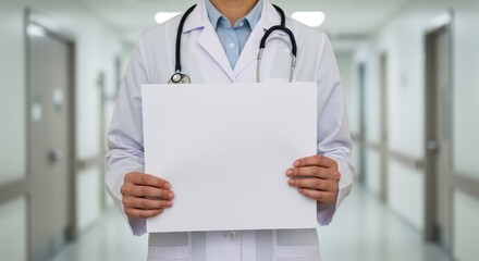 Medical Professional's Message: A healthcare professional stands confidently in a hospital corridor, holding a blank sign, perfect for conveying medical information or health advice.