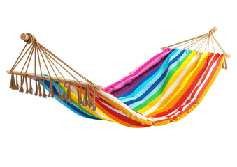 Colorful hammock with rainbow stripes.  Wooden supports and ropes