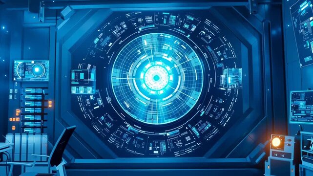 High-tech sci-fi control center with circular holographic display, multiple digital screens, blue lighting, and advanced technological interfaces in empty room