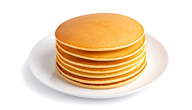 Stack of golden pancakes on a white plate, isolated on white background