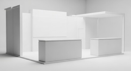 A clean, white, and modern trade show booth setup, featuring counters, walls, and a simple overhead structure, ready for branding and display.
