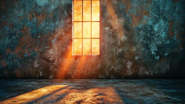 Sunlight streaming through a rusty window in an abandoned room with textured walls and floor