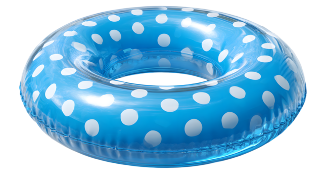 Isolated inflatable ring, light blue with white dots, floating device for swimming, summer vacation fun equipment, bright color. on a transparent background, PNG image, PNG file.