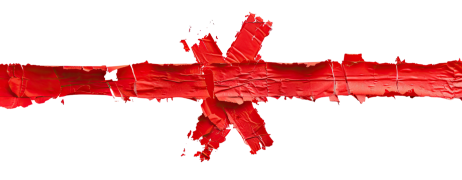 Red ribbon or banner, textured and distressed, crosses horizontally on a black background