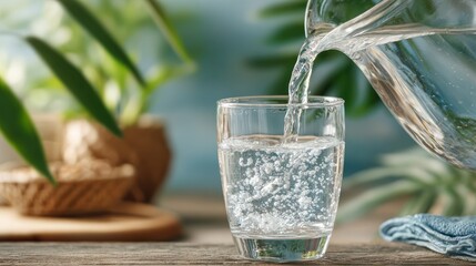 Water being poured into a glass from a pitcher, surrounded by plants
