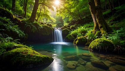 Sunlit Waterfall Cascading into a Tranquil Pool in Lush Green Forest