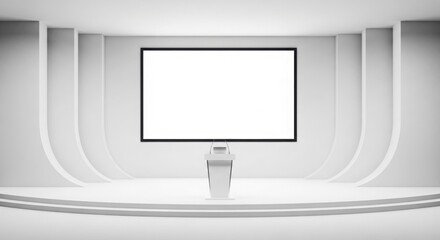 Empty white modern conference room with blank screen and podium.