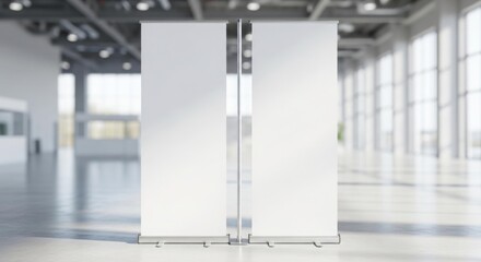Two blank roll-up banners stand side-by-side in a bright, modern, and spacious hall with large windows and a polished floor.