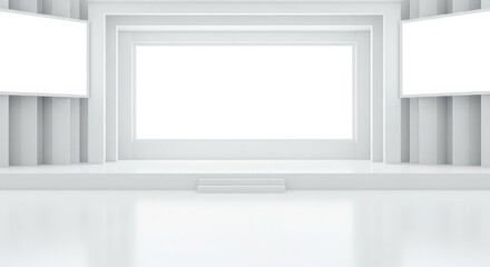 A minimalist, all-white stage with three blank screens, framed by geometric architectural elements, suggesting a presentation or performance space.