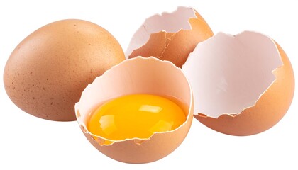 Fresh Brown Eggs: One Whole, One Cracked Open with Bright Yolk, Shells
