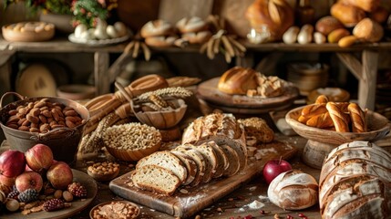 Rustic bakery display.  Wooden shelves overflow with loaves, rolls, and breads.  Freshly baked goods, grains, and apples are scattered across a rustic wooden table.  Flour dusted on surface