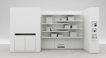 Modern minimalist white modular shelving unit with storage boxes and compartments.